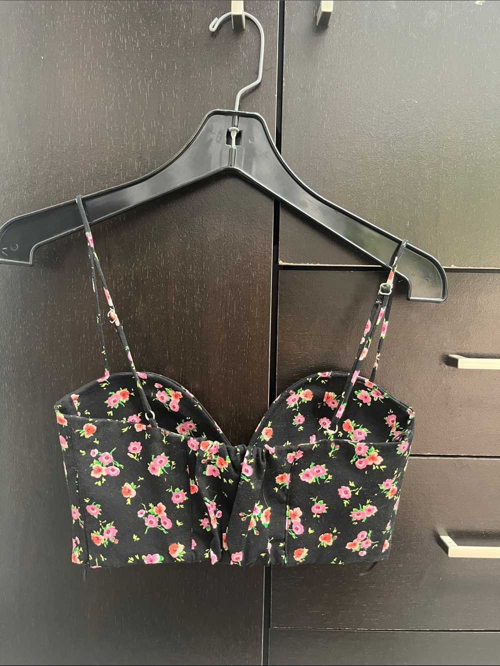 Zara Black Cropped Bustier Top with Pink Floral Print - Picture 2 of 5